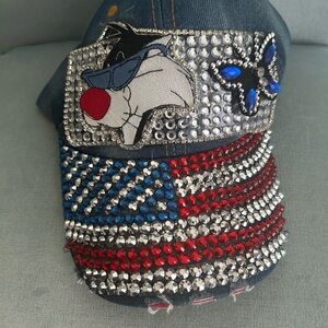 Embellished Denim Cap with Cartoon Patch & Sylvester Cool Cat